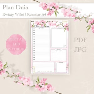 Könnte beinhalten: Ein druckbarer Tagesplaner mit einem rosafarbenen Blumendesign. Der Planer enthält Abschnitte für "To Do", "Wichtig" und "Einkaufen". Der Text "Plan Dnia" befindet sich oben auf der Seite. Der Planer ist in den Formaten PDF und JPG verfügbar.
