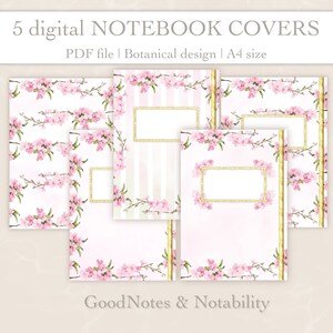 May include: Five digital notebook covers featuring a pink floral design with gold accents. The covers are designed for use with GoodNotes and Notability apps. The text "5 digital NOTEBOOK COVERS" and "PDF file | Botanical design | A4 size" is at the top of the image. The text "GoodNotes & Notability" is at the bottom of the image.