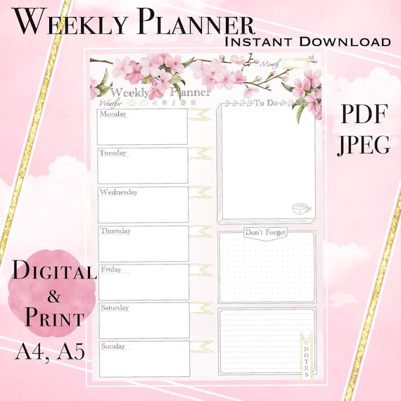 Weekly Planner Weekly Planner Printable and Digital A4 PDF | Etsy