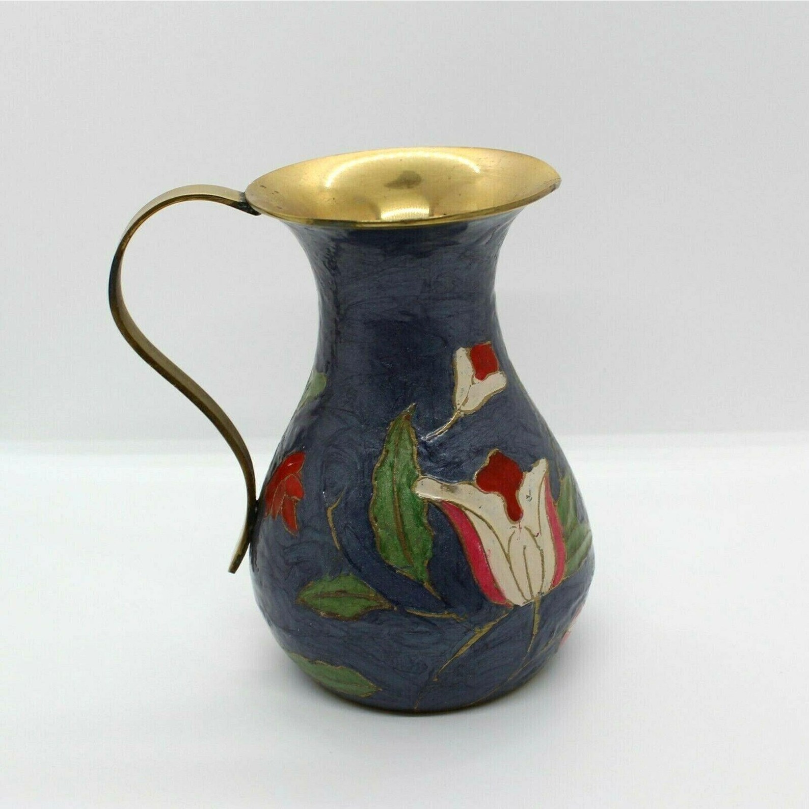 Vintage Hand Painted Brass Pitcher / Jug Blue With White Etsy UK