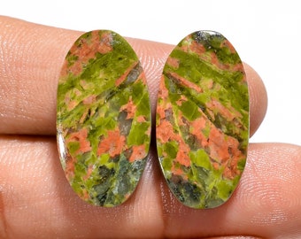 Natural Unakite Oval Shape Cabochon Loose Gemstone Pair For Making Earrings 26.5 Ct. 24X12X4 mm N-3355