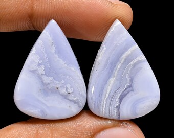 Natural Blue Lace Agate Pear Shape Cabochon Loose Gemstone Pair For Making Earrings 29 Ct. 24X17X4 mm N-3782