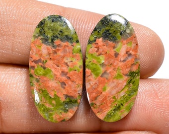 Natural Unakite Oval Shape Cabochon Loose Gemstone Pair For Making Earrings 24.5 Ct. 24X12X4 mm N-3369