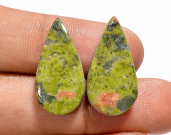 Natural Unakite Pear Shape Cabochon Loose Gemstone Pair For Making Earrings 21.5 Ct. 23X11X4 mm N-3359