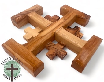 Handcrafted Olive Wood Jerusalem Cross from Bethlehem Crucifix Christmas Home Decor Hand Carved Olive Wood Cross Holy Land Religious Gift
