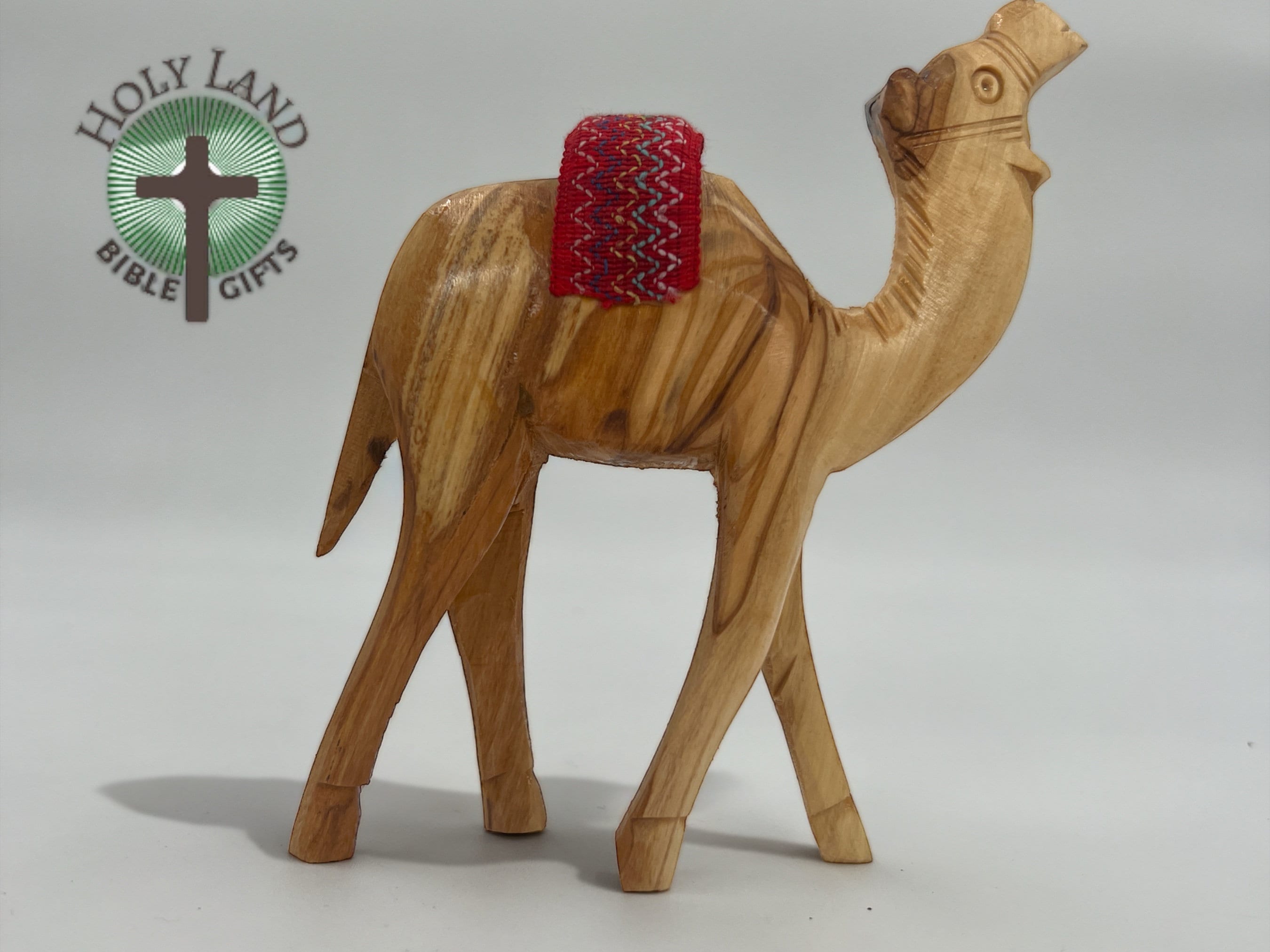 Bethlehem Olive Wood Camel Figurine Statue Home Decor Long Olive Wood Camel with Jars Holy Land Figurine Red Saddle Wood Decoration