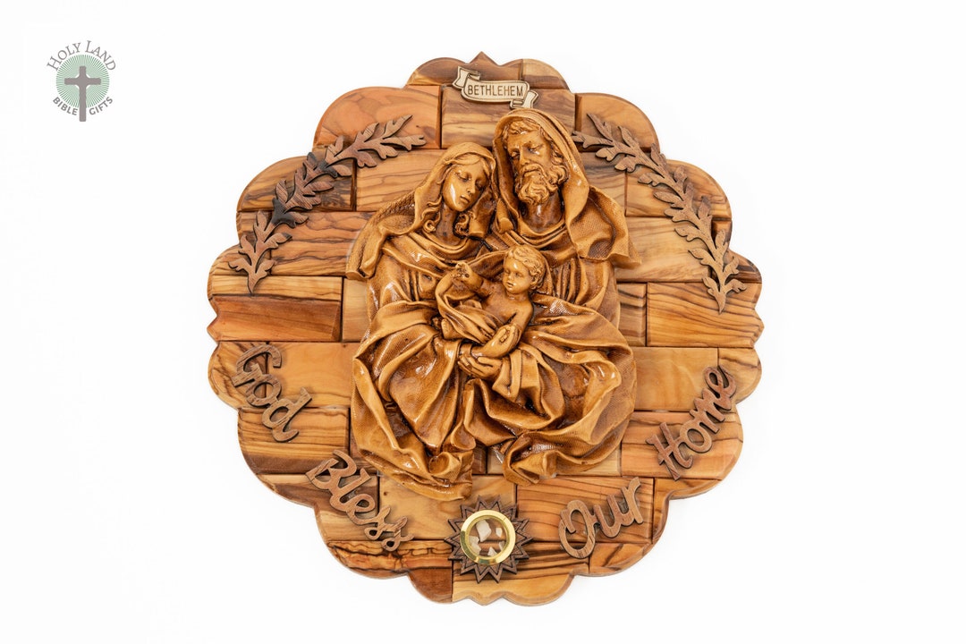 Olive Wood Wall Plaque Carved Wood Decor Holy Family Wooden Plaque Ceramic Holy Family Hanging