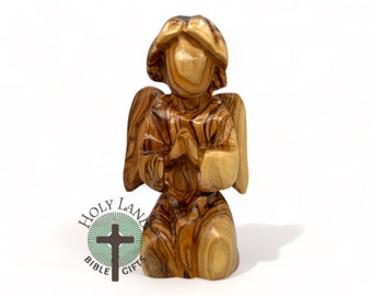 Olive wood praying Angle Figurine Angle Statue with wings made in Holy land wooden angle Great Gift for Kids or any other occasion.