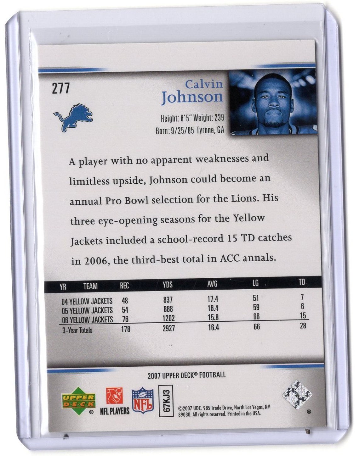 2007 Calvin Johnson Upper Deck Rookie Card 277 GEM MINT Etsy