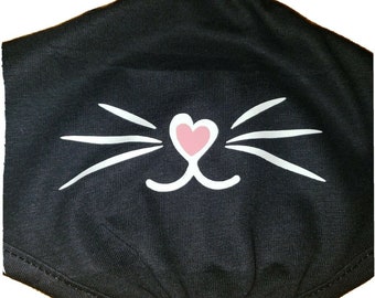 Cat with Pink Nose Facemask - 70% recycled material, soft, washable, reversible to plain black.