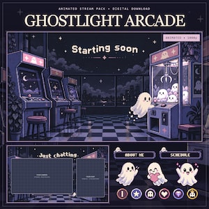 May include: A pixel art stream pack titled GHOSTLIGHT ARCADE featuring an arcade scene with a claw machine, ghosts, and a city view. Includes a Starting Soon screen, a Just Chatting overlay, and various ghost-themed buttons and icons in purple.
