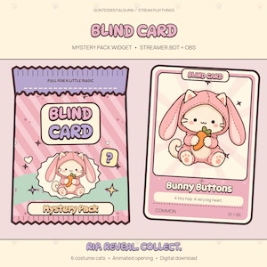 May include: A digital graphic featuring a pink striped blind card mystery pack and a single reveal card. The pack displays the text BLIND CARD and MYSTERY PACK. The reveal card shows a cat in a pink bunny costume holding a carrot, labeled Bunny Buttons.