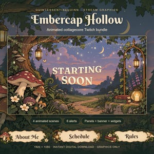 Op de afbeelding: Een digitaal stream-grafisch pakket genaamd Embercap Hollow met een geanimeerd startscherm met een boslandschap, paddenstoelen, lantaarns en boeken. Bevat 4 geanimeerde scènes, 6 waarschuwingen, panelen, een banner en widgets in 1920 x 1080.