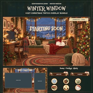 Puede incluir: Un paquete de superposiciones para Twitch titulado Winter Window, que muestra una habitación acogedora con un árbol de Navidad, una vista de un paisaje nevado y el texto Starting Soon. Incluye diseños de escenas, paneles e iconos.