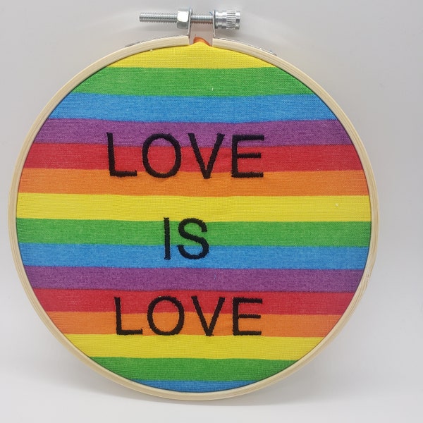 Love is Love Embroidery Hoop | LGBT Pride Art | Framed Embroidery Artwork| Rainbow Art | Sapphic Art | Gay Rights Marriage Equality |