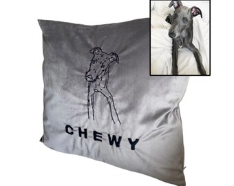 Custom Pet Portrait Cushion, Hand Embroidered Velvet Pillow, Dog Lover Gift
