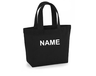 Personalised Name/Initial Embroidered Black Mini Tote Bag. Cotton Canvas Bag. 100% Organic.