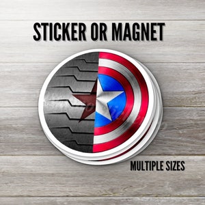 Captain America & Winter Soldier Shield Sticker or Magnet, Multiple Sizes, Water Resistant, Cap and Bucky, Falcon and the Winter Soldier