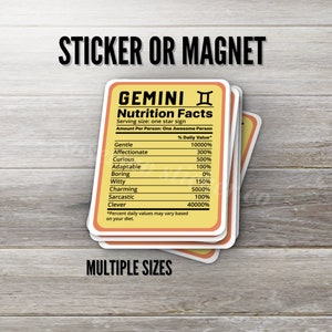Gemini Zodiac Ingredients List Sticker or Magnet, Multiple Sizes, Gemini Make Up, Personality Traits, Funny Zodiac Sticker Magnet