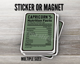 Capricorn Zodiac Ingredients List Sticker or Magnet, Multiple Sizes, Capricorn Make Up, Personality Traits, Funny Zodiac Sticker Magnet