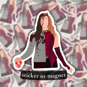 May include: A sticker or magnet featuring a split image of a woman with red and gray clothing. The left side of the image shows the woman in a gray shirt with red blood splatters, while the right side shows her in a red, fitted, sleeveless top with black accents. The text "sticker or magnet" is printed below the image.