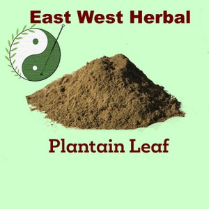 May include: A pile of brown plantain leaf powder. The label reads "East West Herbal" and "Plantain Leaf".