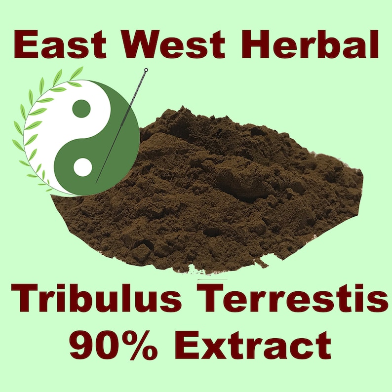 May include: A brown powder labeled "Tribulus Terrestris 90% Extract" with a yin yang symbol and the text "East West Herbal" above the powder.