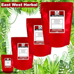 May include: Four red resealable bags of East West Herbal products. The bags are labeled with the company name, address, phone number, and website. The text on the bags states that the product is not intended to diagnose, cure, or prevent any disease and has not been evaluated by the FDA.