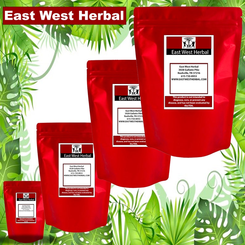 May include: Four red resealable bags of East West Herbal products. The bags are labeled with the company name, address, phone number, and website. The text on the bags states that the product is not intended to diagnose, cure, or prevent any disease and has not been evaluated by the FDA.