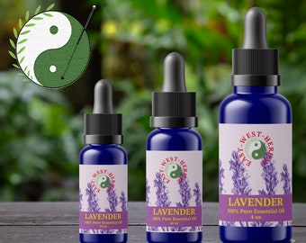 May include: Three blue glass bottles of lavender essential oil with black dropper tops. The bottles are labeled "East West Herbal" and "Lavender 100% Pure Essential Oil" with the sizes 30 ml, 60 ml, and 4 oz.