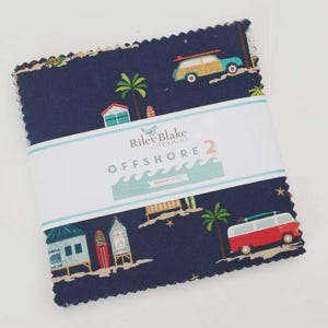 May include: A stack of fabric squares with a navy blue background featuring a beach theme. The fabric has images of surfboards, palm trees, and vintage vans. The label reads "Riley Blake Designs OFFSHORE 2".