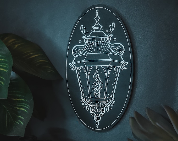 Small Lantern Wood Engraved Wall Art Goth Decor Spooky Decor Dark