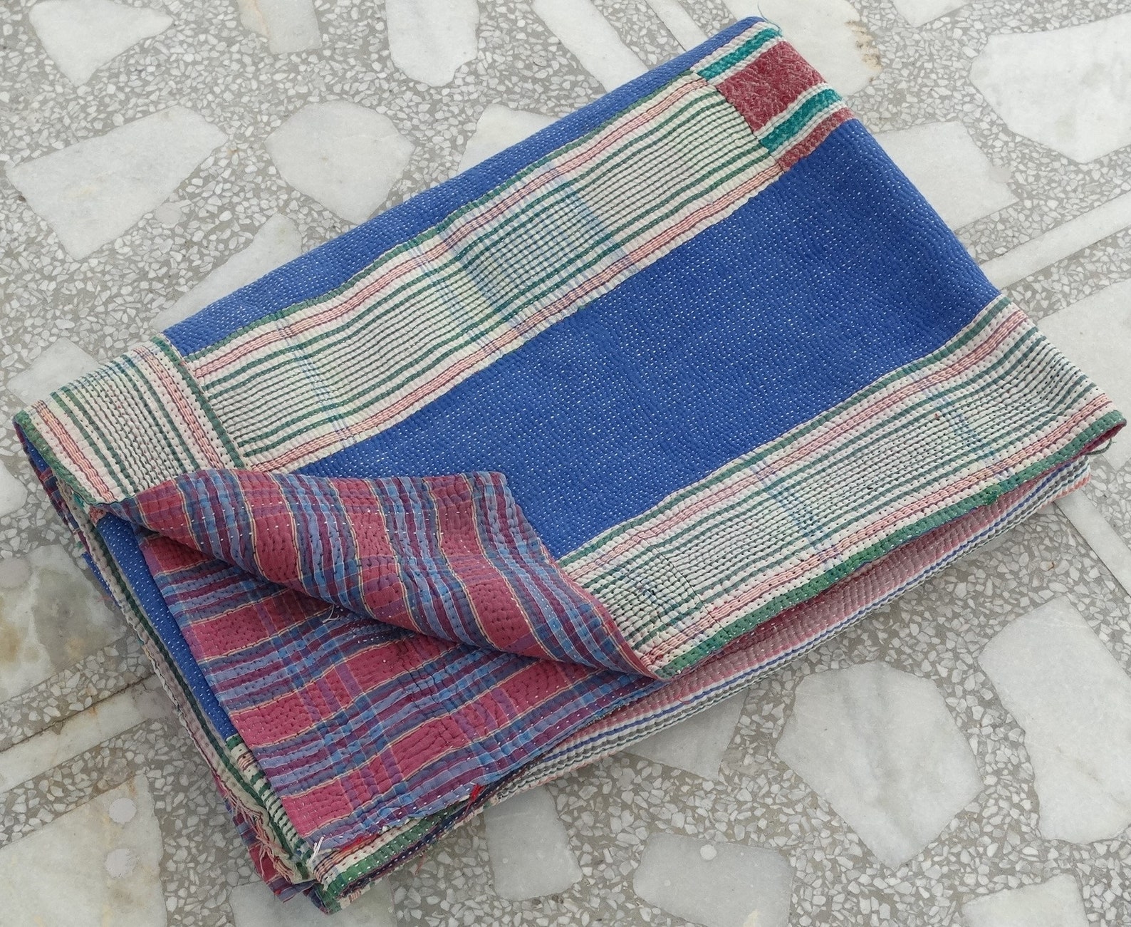 Antique Hand Stitched Blanket Indian Reversible Kantha Quilt Etsy