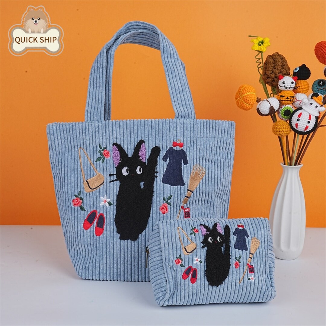 Totoro and Jiji Black Cat Corduroy Tote Bag/cosmetic Bag, Makeup Pouch, Fabric Handbag, Cute