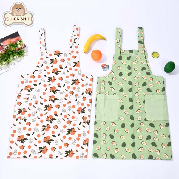 Orange/Avocado/Lemon/Peach Linen Apron, Fruit Women Aprons with Pockets, Apron Dress, Apron Canvas, Garden Work Apron, Easter Gift