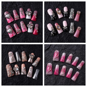 10PCS Duck Nails, Sparkling Press On Nails, Luxury Bling Pink Nails, 3D Nail Art, Y2k, Handmade Nails, Birthday, Mother's Day Gift