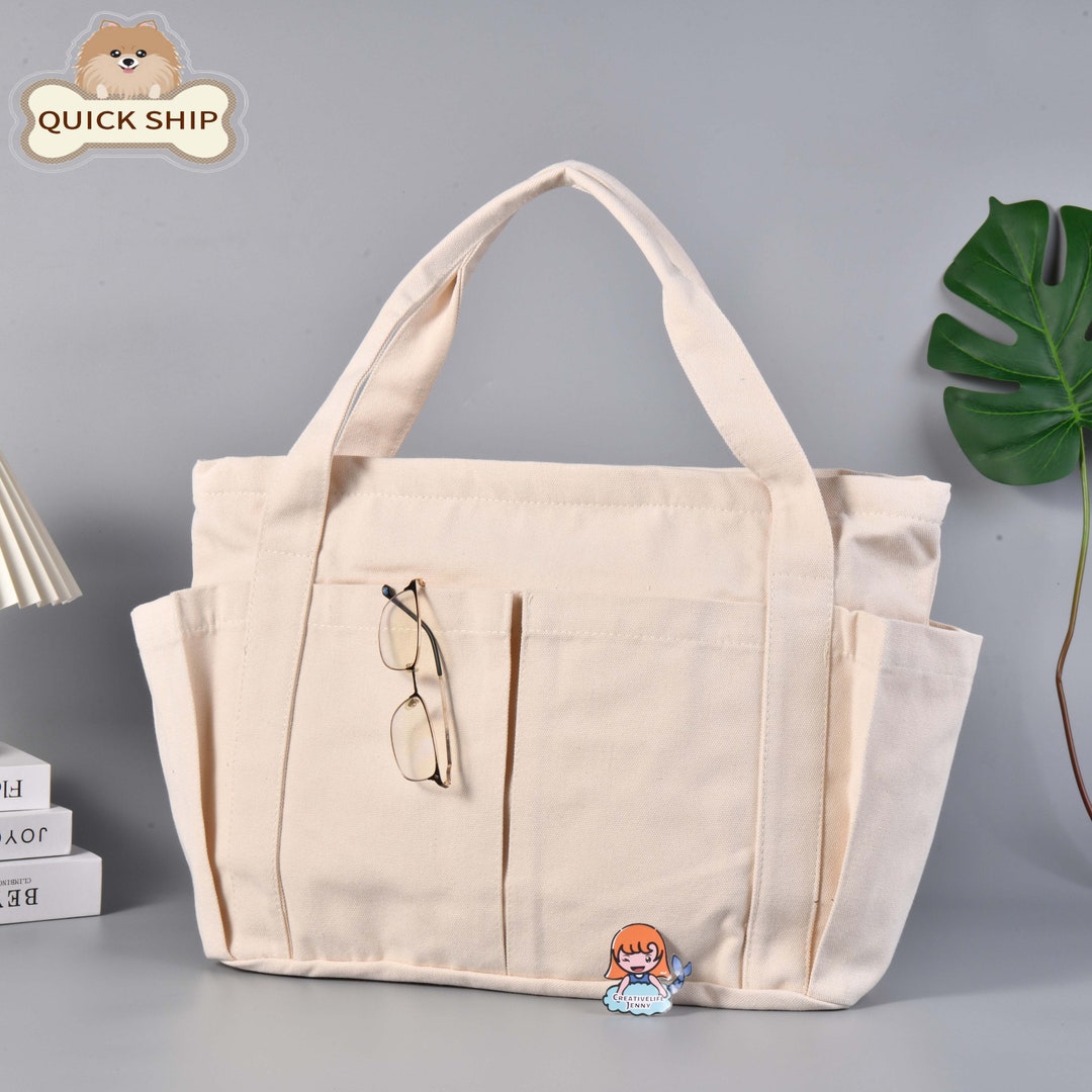 Large Canvas Shoulder Bag With Pockets, Mommy Diaper Bag, White/black