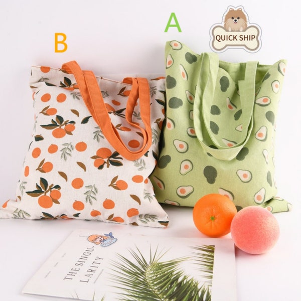 Orange/Lemon/Avocado Linen Tote, Reversible Winter Bag, Reusable Shoulder Bag, Daily Shopping Bag,Back to School Gift, Canvas Gift Bags