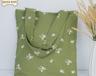 Green Embroidered Cotton Tote Bag, White Flowers Shopping Bag, Reusable Shoulder Bag for Work School, Saint Patrick's Day Gift, Easter Gift