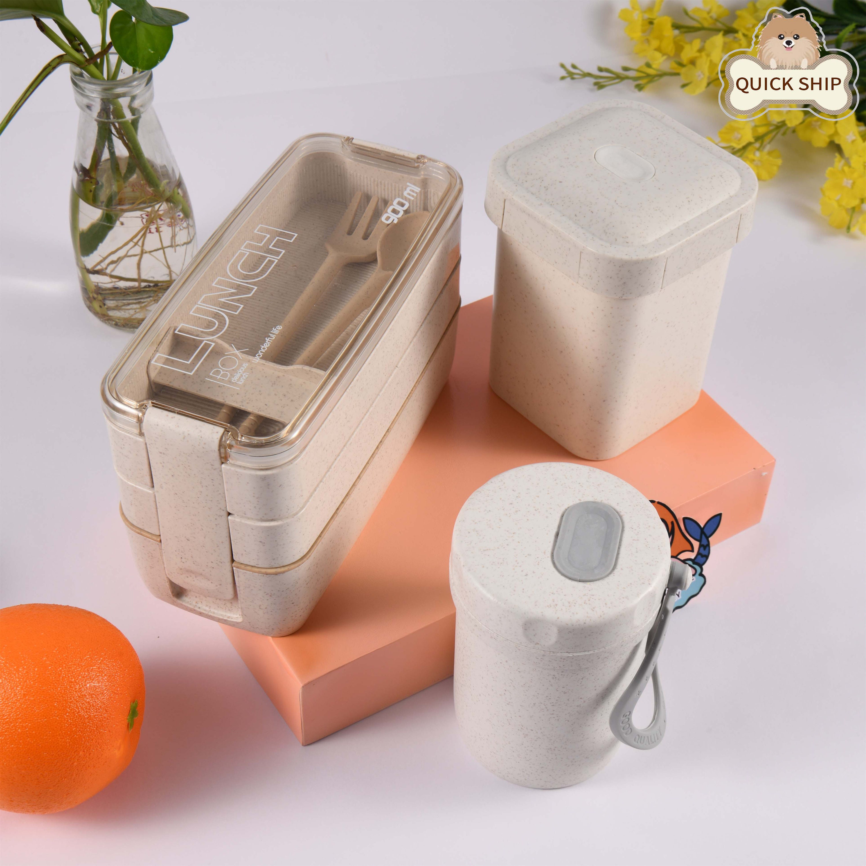 3pcs Three Layer Wheat Straw Plastic Lunch Box With Utensils Square Bento  Box For Students And Adults