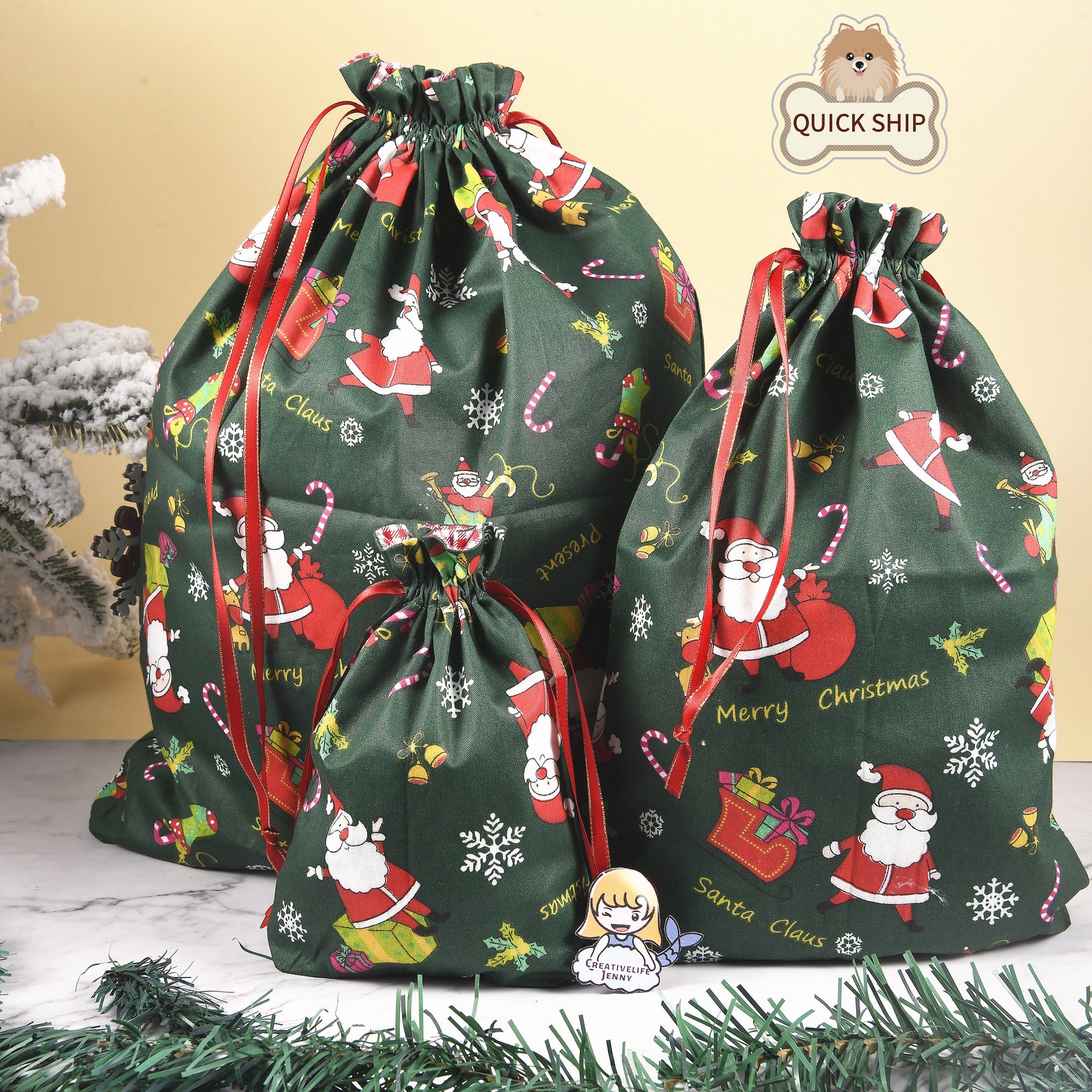 Cotton Christmas Gift Bag Christmas Fabric Gift Tote Holiday Etsy