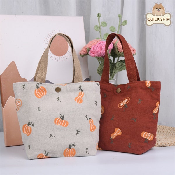 Embroidery Pumpkin Tote, Red/Beige Cute Handbag, Handmade Shopping Bag, Birthday Mother's Day Wedding Anniversary Gift