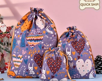 Easter Purple Bunny & Heart Gift Bag, Wedding Bag Gift, Drawstring Storage Bag, Cute Fabric Gift Tote, Premium Quality Cotton Holiday Bag