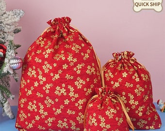 Red Flowers Gift Bags, Drawstring Storage Bag,Reusable Cotton Bag, Handmade Fabric Gift Wrap, Premium Quality Gift Bags for Valentines