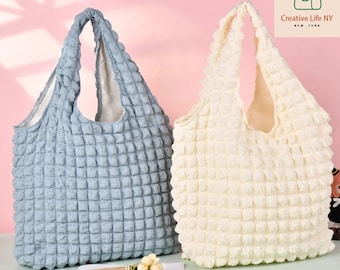 M Size Cloud Puff Cotton Shoulder Bag, Beige/Blue Bubble Stretchable Tote Bag, Easter Birthday Spring Wedding Anniversary Gifts