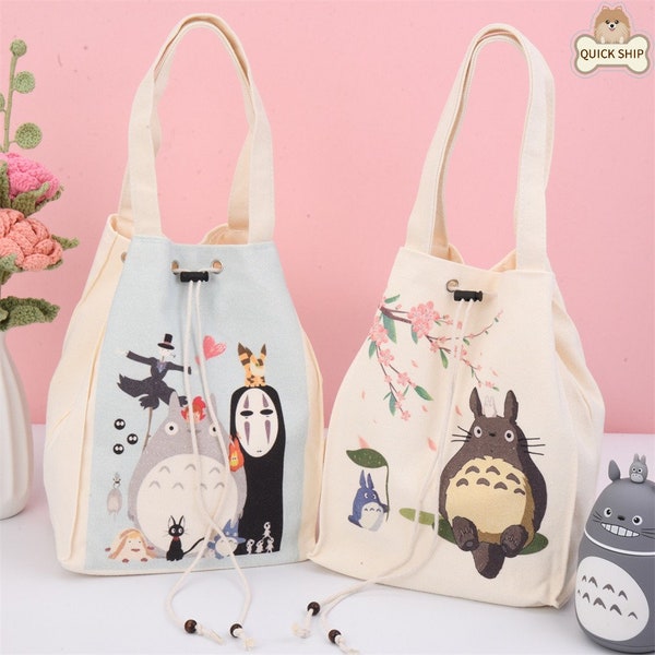 Totoro/Faceless Man Drawstring Lunch Bag for Back to School Gift, Canvas Spring Bag, Work Lunch Tote, Japanese Handmade Lunch Bag, Easter