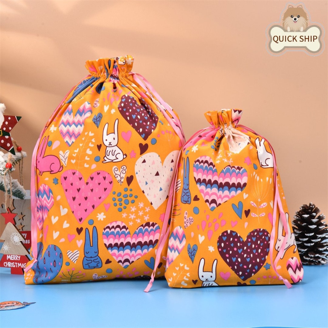 Yellow Love & Bunny Gift Bags, Drawstring Storage Bag, Spring Cotton