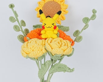 Crochet Pikachu Bouquet for Mother's Day Gift, Handmade Knitted Roses Sunflowers Flowers for Girlfriend Boyfriend, Anniversary Day