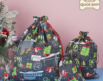 Happy Holidays Gift Bags for Christmas, Drawstring Storage Bag, Reusable Cotton Bag, Handmade Fabric Gift Wrap, Premium Quality Gift Bag