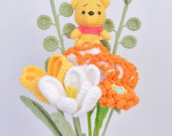 Winnie the Pooh Crochet Doll Bouquet for Easter, Handmade Knitted Carnation &Tulip Flowers, Mother's Day Gift, Ship from NewYork in 2 Day